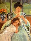 Sewing Canvas Paintings - Young Mother Sewing